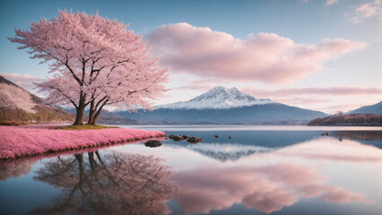 Cherry blossom pink and soft blue sky over a serene lake, mountain reflections, 4K