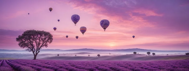 Zelfklevend Fotobehang Dreamy lavender and lilac sky over rolling hills, hot air balloons, 4K fantasy landscape © Kasper