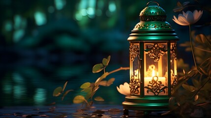 a tranquil emerald night with an elegant lantern casting