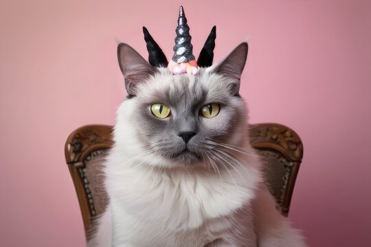  cat sitting on a pastel pink and gold crown on a pink background, Unicorn Pet Headgear Puppy Kitten