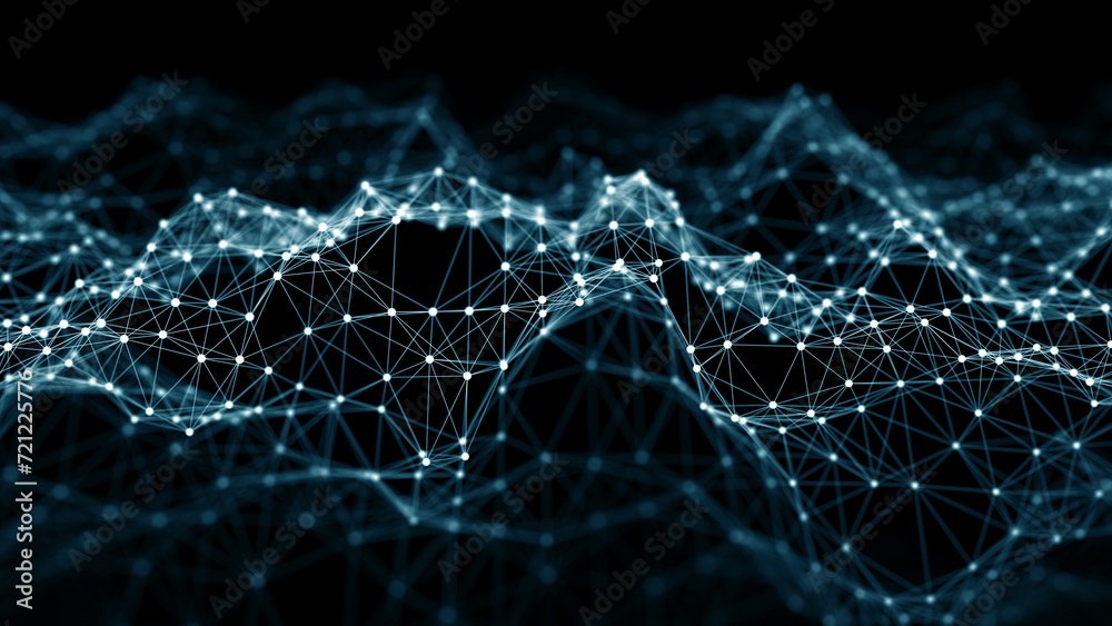 Poster Network of bright connected dots and lines. Abstract dynamic wave of many points. Digital background. 3D rendering.
