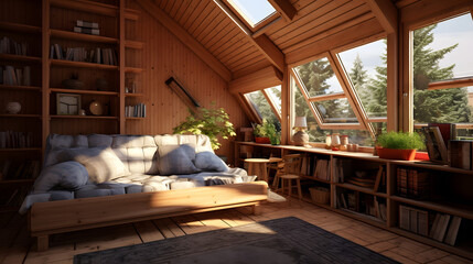 Sunlit cozy attic living room, featuring a comfortable sofa, bookshelves, and a scenic view through large windows.
