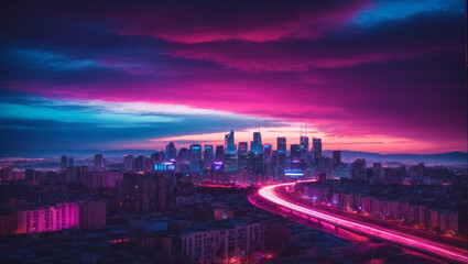 Electric blue and magenta sunset over an urban cityscape, neon lights, 4K skyline