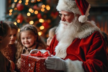 Santa Claus giving presents to children in kindergarten or primary school, Generative AI