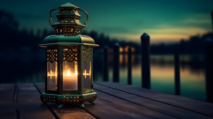 a tranquil emerald night with an elegant lantern casting - obrazy, fototapety, plakaty
