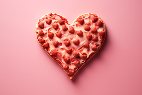 Pizza in the shape of a heart on a pink background.