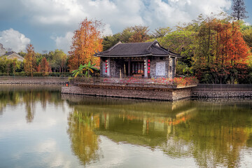 Guangzhou city, Guangdong Province, China. Lingnan Impression Garden integrates sightseeing, leisure, entertainment, accommodation and experiencing Lingnan local and folk customs.