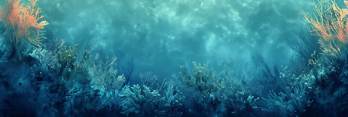 Surreal underwater scene featuring a gradient of turquoise, coral, and deep navy with a grainy texture for aquatic-themed designs