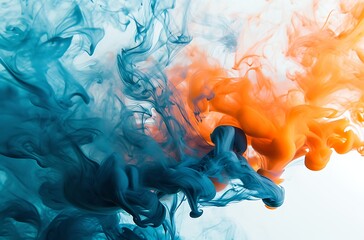 Color Mixing of Blue and Orange Smoke Ink in Water. colorful explosions Abstract psychedelic white background, Paint splash.