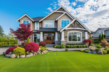 a beautiful suburban house with a green grassy yard - obrazy, fototapety, plakaty