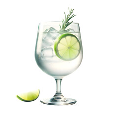 Gin and Tonic - A simple, elegant highball glass containing a gin and tonic, garnished with a lime wheel or a sprig of rosemary.