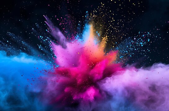 Colored Powder Explosion Isolated Abstract psychedelic black dark background. Abstract colored background. © E l i z a