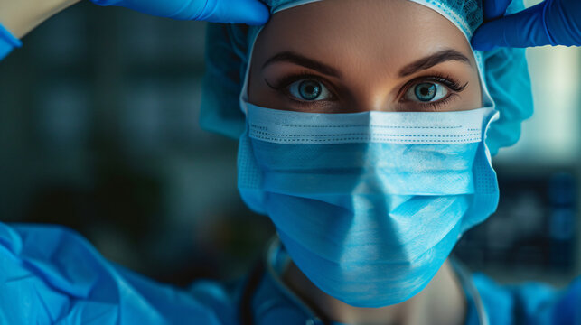 Female Doctor Tying Surgical Mask Preparing