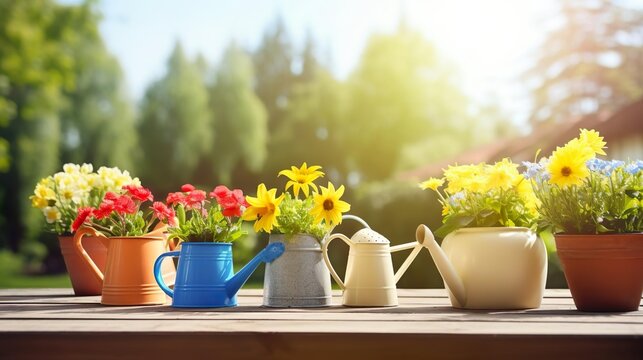 colorful flower pots with watering can and gloves