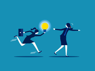 Fototapeta na wymiar Transfer knowledge. Businesswoman passes light bulb to running colleague