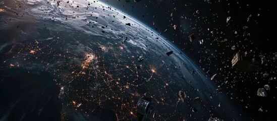 3D rendered aerial view of megalopolis in space with space debris.