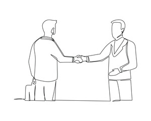 Single line drawing of businessmen handshaking his business partner. Great teamwork. Business deal concept with continuous line draw style vector graphic illustration