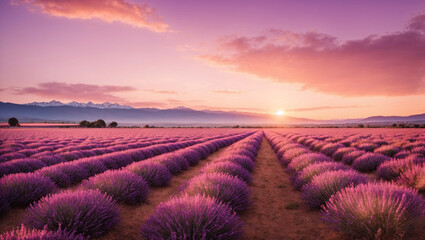 Golden hour over a lavender and pink lavender field, mountains in the background, 4K