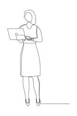 Continuous one line drawing of young female worker standing while holding laptop to type. Success business manager. Minimalist concept. Trendy single line draw design vector graphic illustration