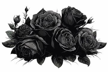 Bright black roses bouquet isolated on vector art illustration.