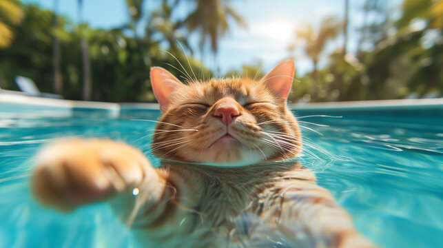 cat has relax in swimming pool, ai 