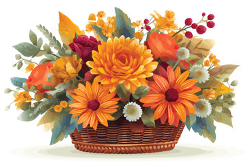 Obraz premium Bright flower bouquet in basket isolated owner white background.