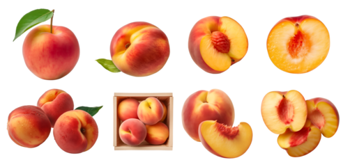Peach peaches Nectarine Nectarines fruit, many angles and view side top front heap pile bunch isolated on transparent background cutout, PNG file. Mockup template for artwork graphic design