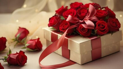 A beautiful bouquet of roses in a gift box