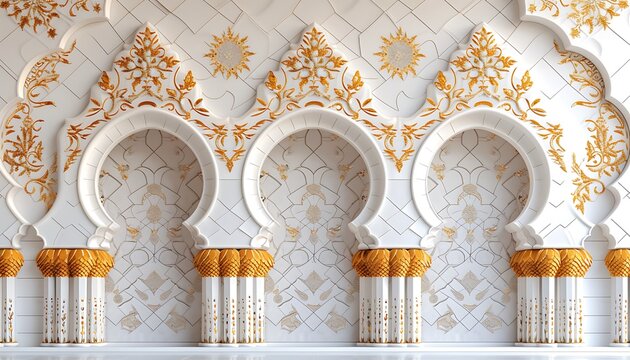3d render of white marble mosque wall with gold Arabic ornament