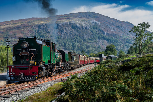 Old Train With Steam Locomotive At Beddgelert Train Station In Snowdonia National Park In Wales, United Kingdom