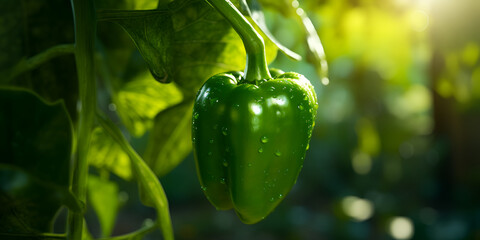 Harvesting, large peppers growing on a bush in a garden greenhouse. horizontal photo
 - obrazy, fototapety, plakaty