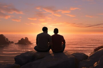 Happy biracial gay male couple sitting on rocks and embracing on beach at sunset
