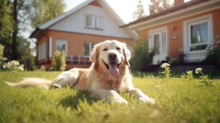 A charming white dog lies on the lawn near the house in the morning sun. Soft focus.