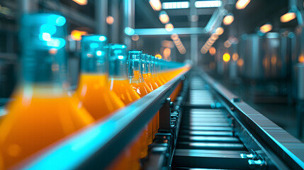 Conveyor belt, juice in bottles, beverage factory interior in blue color