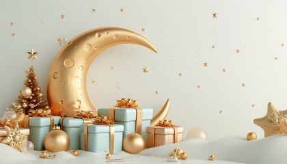 Arabic moon, gifts and balloons, Ramadan Islamic background. Eid Mubarak. 3d rendering