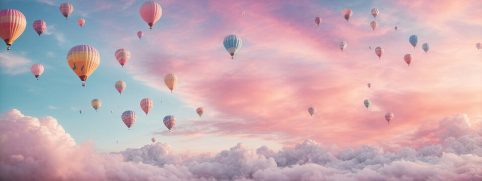 Pastel rainbow sky with cotton candy clouds, hot air balloons, 4K whimsical dreamscape