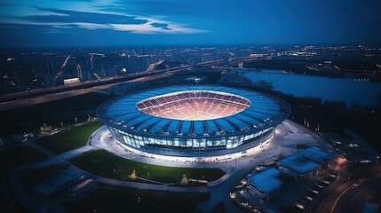 Aerial view on soccer stadium in evening time Foot