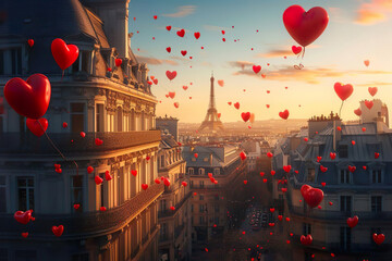 Red heart-shaped balloons fly through the streets of Paris. Celebrating love and romance