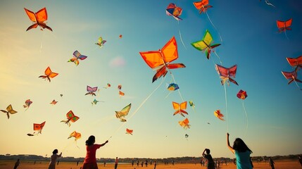 Beautiful flying kites during makar sankranti. - obrazy, fototapety, plakaty