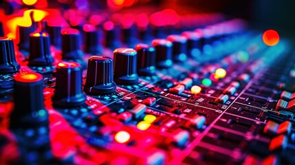Obraz premium colorful music audio mixing board in closeup of a recording, audio track background in a dark recording, industrial machinery aesthetics, multimedia, selective focus, brightly colored