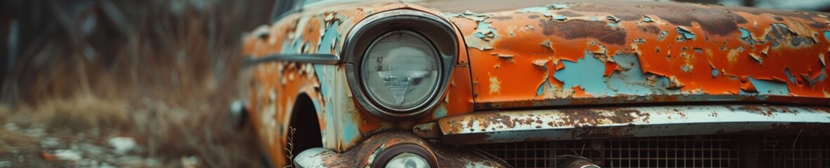 Abandoned Rusty Car in Desolate Landscape banner background