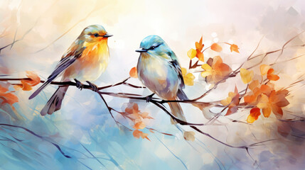 Obraz premium Couple of birds transparent watercolour, pastel colour pallet. Luxury background. Generative AI