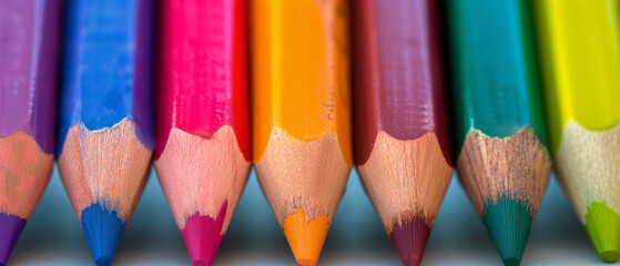 Vibrant Spectrum of Colors Captured in a Close-up of Sharpened Colored Pencils in a Row