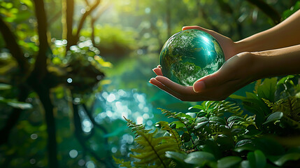 Image of an earth-like sphere overflowing with water and returning to the forest - obrazy, fototapety, plakaty
