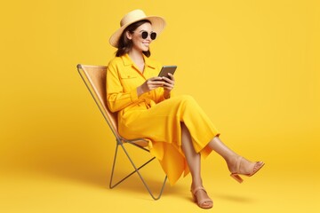 Young woman in summer clothes using phone, travel concept.