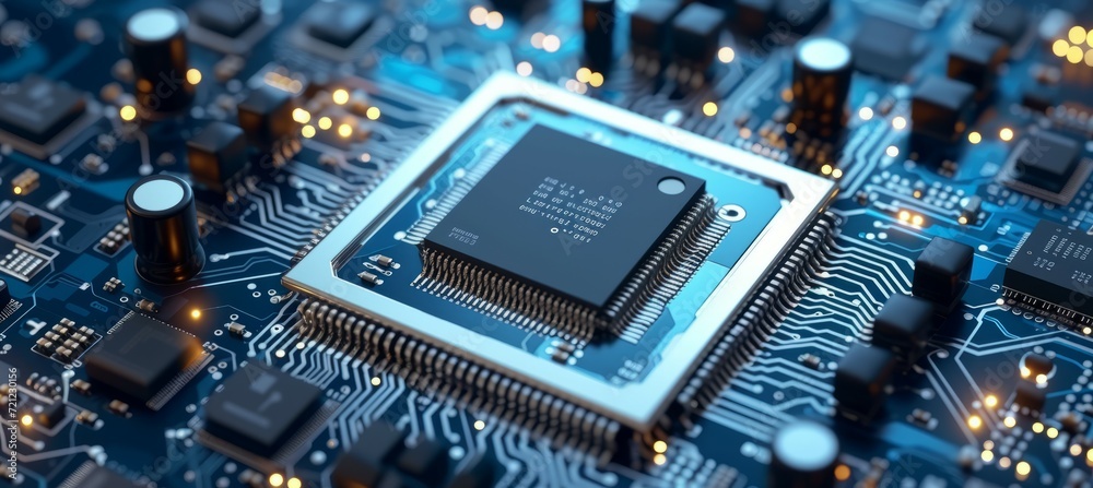 Poster Computer microchip hardware. Generative AI technology.	
