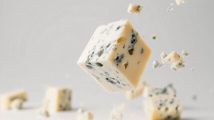 Falling blue cheese cube - obrazy, fototapety, plakaty