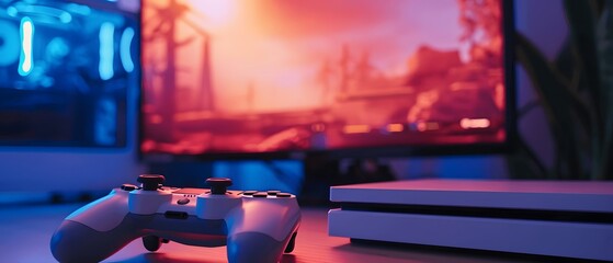 playing video game, gaming console and controller, showcasing the world of gaming and entertainment