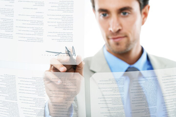 Businessman, contract and digital signature or documents for agreement on a white studio background. Man or employee and pen writing on overlay or hologram for reading, policy or futuristic interface