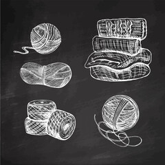Hand-drawn sketch of balls of yarn, wool, knitted goods on chalkboard background. Knitwear, handmade, knitting equipment concept in vintage doodle style. Engraving style. - obrazy, fototapety, plakaty